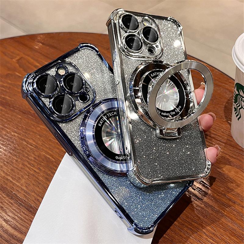 For iPhone 15 Pro Max Luxury Plating Magsafe Magnetic Stand Flash Phone Case For iPhone 11 12 13 14 16Plus Lens Protective Cover