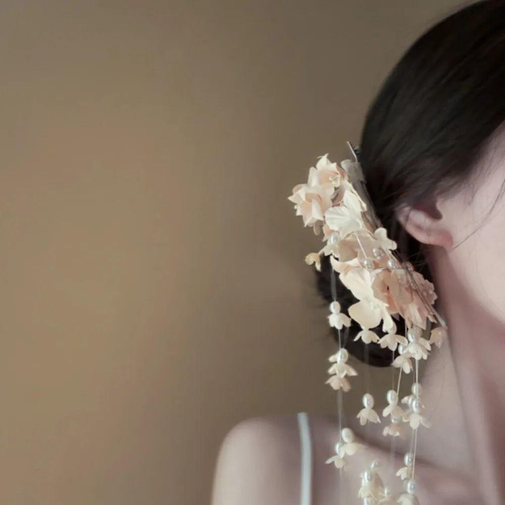 Flower Side Clip Chinese Style Hairpin Fairy Bridal Headwear Exquisite Pearl Luxury Tassel Flower Barrettes Hair Accessories