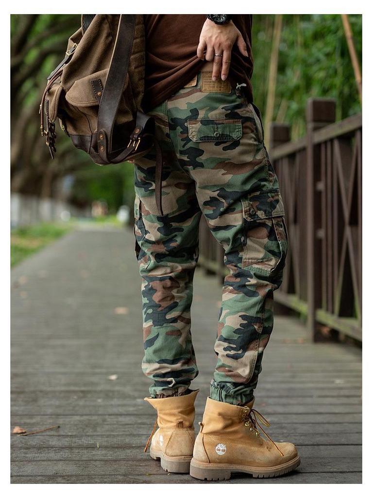 Men's Heavyweight Cotton Camo Jogger Pants - Loose, Multi-Pocket, for Autumn.