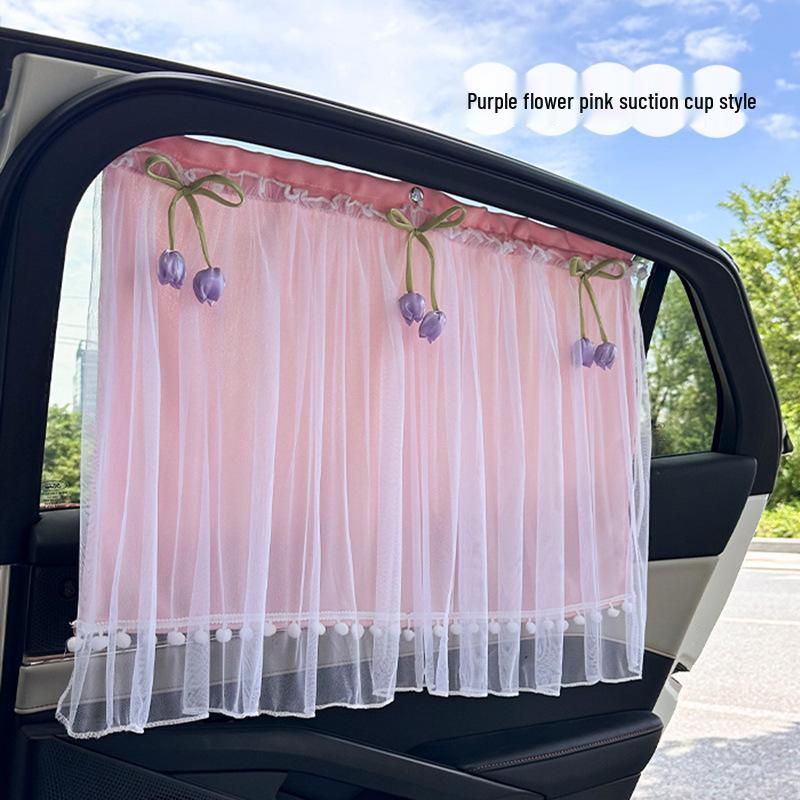Blue Rain Lace Car Sunshade Curtains for Baby - Suction Cup Side and Rear Window Protection