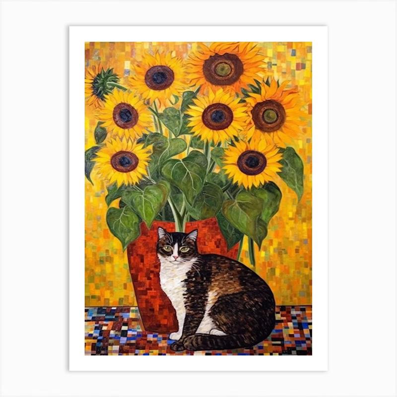 Vintage Bouquet Flower Lotus Lilies With A Cat Art Nouveau Klimt Style Art Print Poster Canvas Painting Wall Picture Room Decor