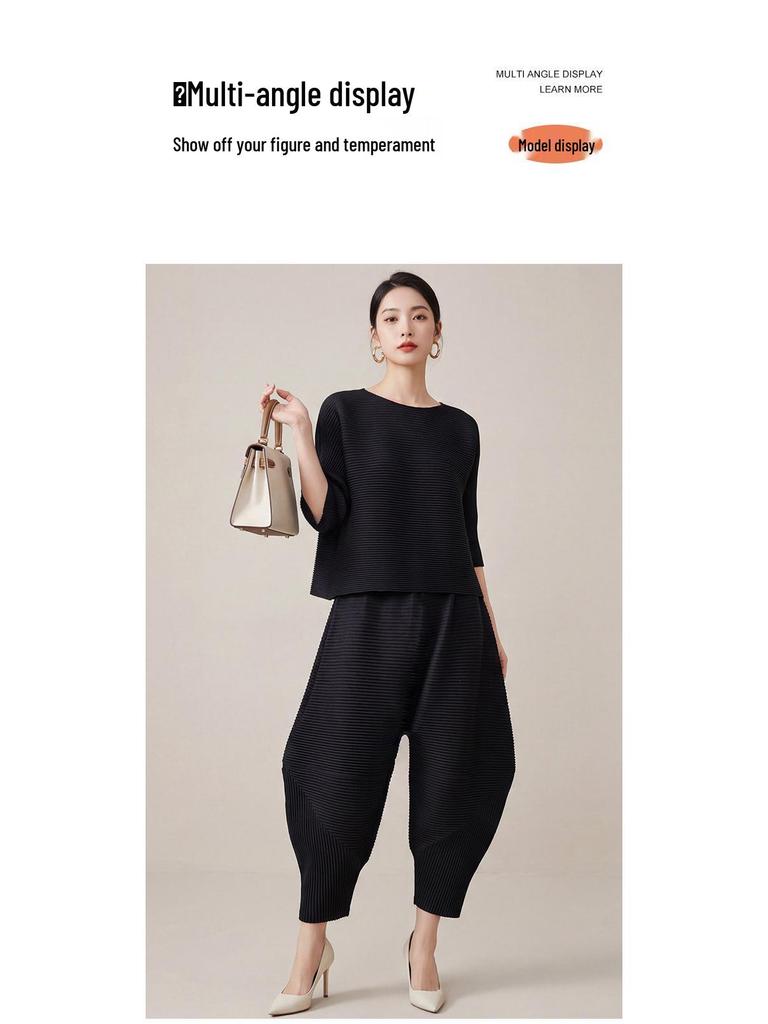 Miyake Women's High-End Flattering T-shirt & Irregular Harem Pants Two-Piece Set