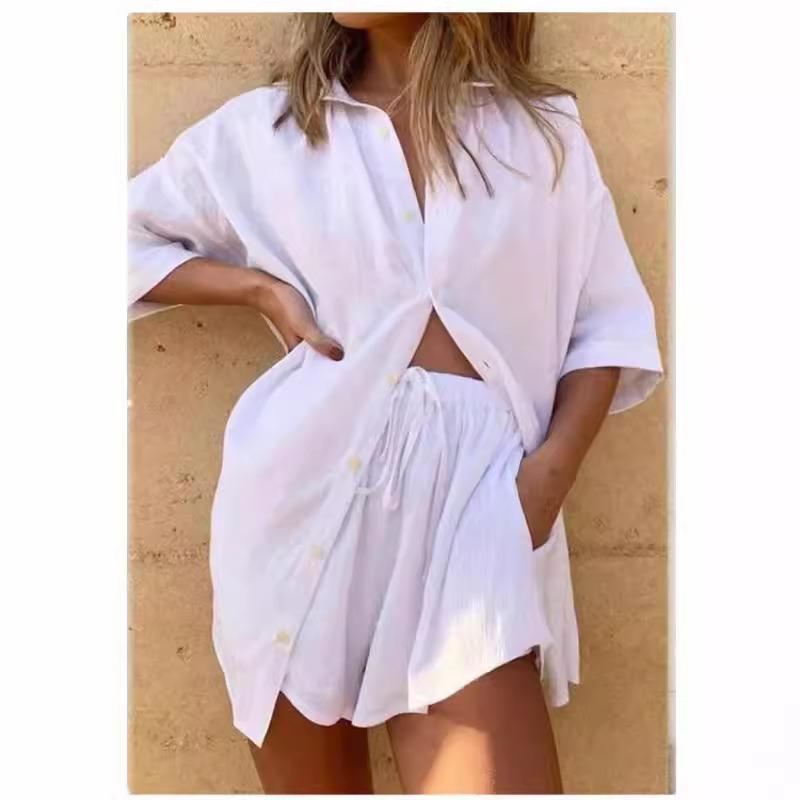 Damen Unifarbene Kurzarmhemd Shorts Lässiges Set