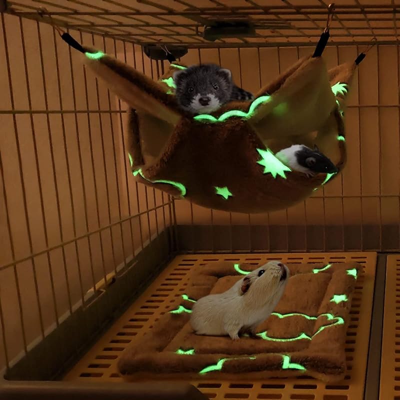 LEFTSTARER Noctilucent Luminous Guinea Pig Rat Hammock Bunkbed Hanging Tunnel and Soft Bed Mat for Ferret Hedgehog Squirrel Hideout Cage Accessories
