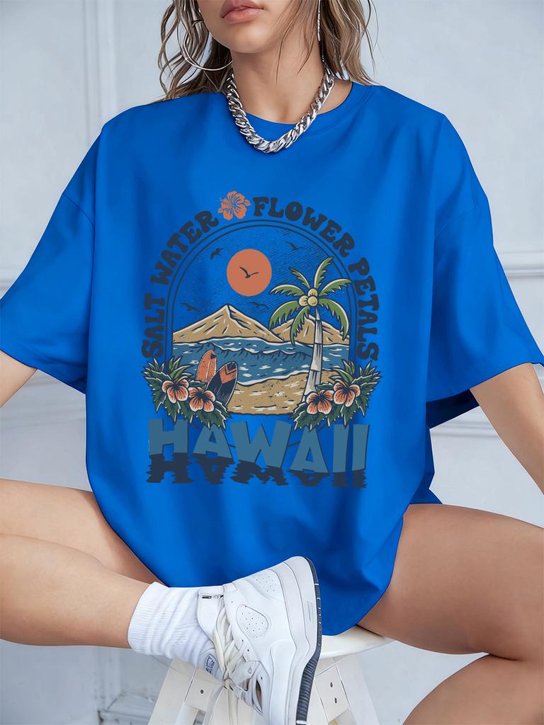 Salt Water Flower Hawaii Prints TShirts Women Summer Cotton Short Sleeve Tops Loose ONeck Comfortable T Shirt Casual Clothes
