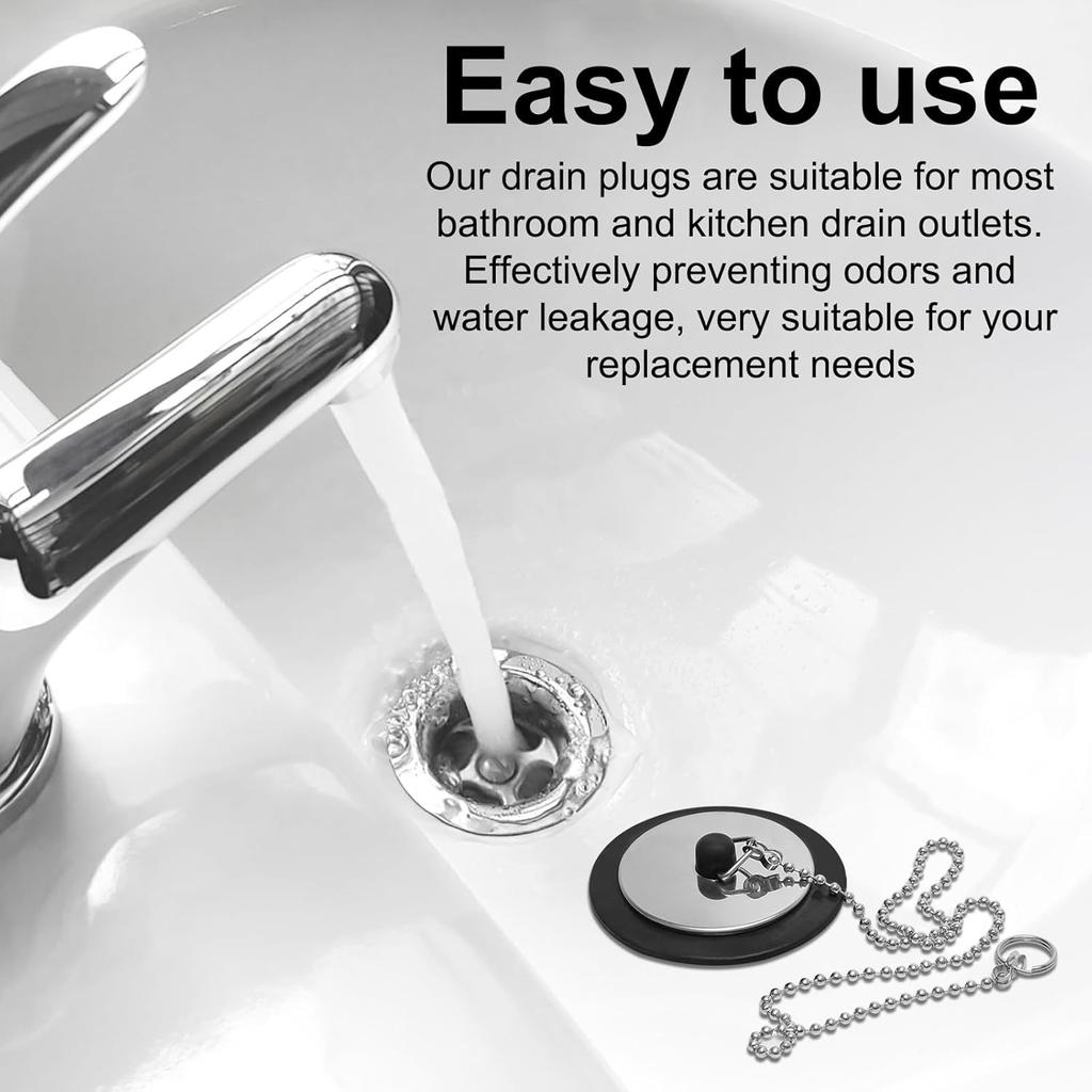 2 Pcs Universal Bath Plug with Stainless Steel Chain, Bath Plug Replacement, Bathroom Sink Plug Replacement,42 mm to 45 mm