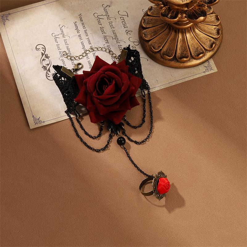 Black Lace Red Rose Finger Bracelet With Ring Harness Slave Link With Ring Bracelet Accessories Party For Women