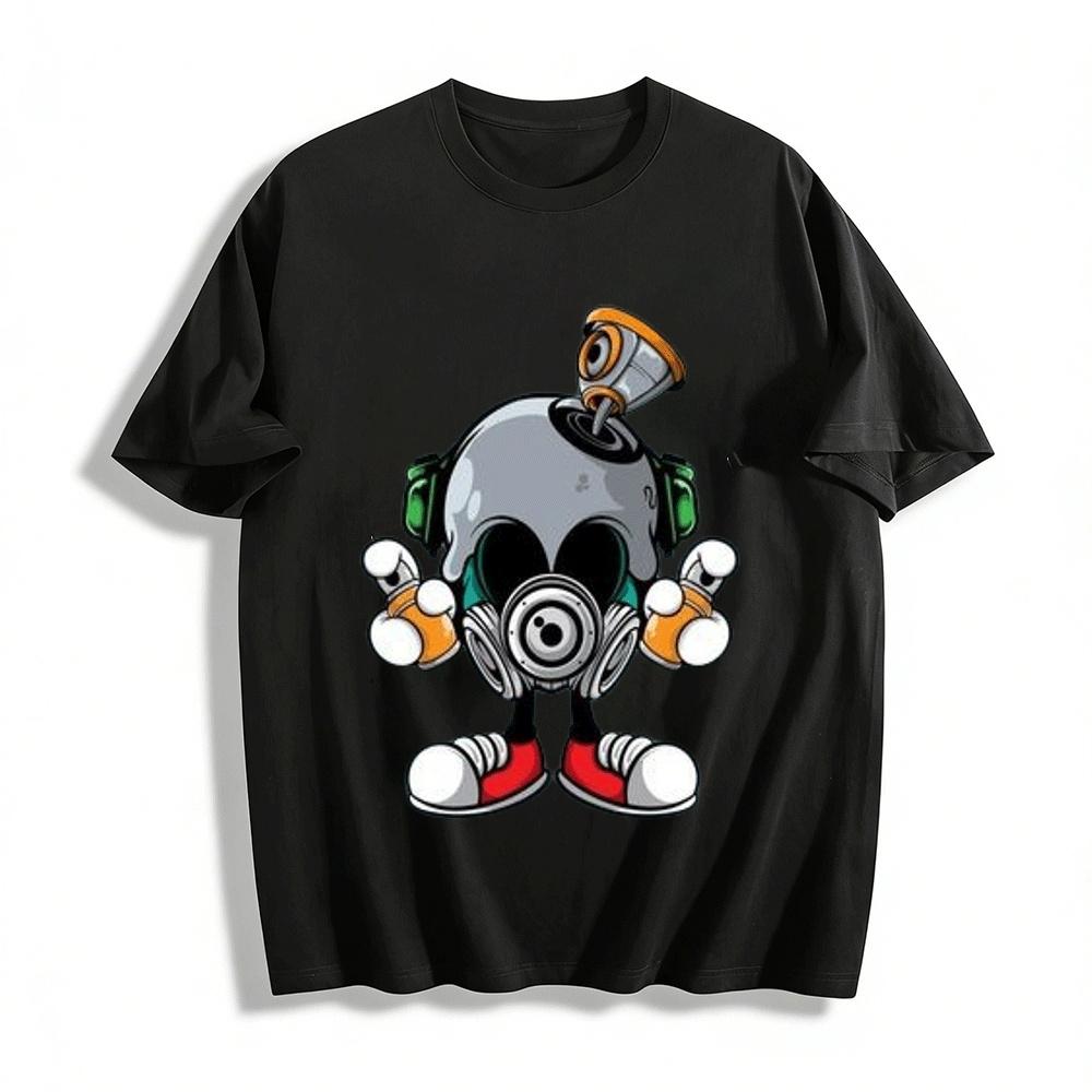 Street Cool Gas Mask Skull Print Casual Loose Short Sleeve T-Shirt Pure cotton T-shirt