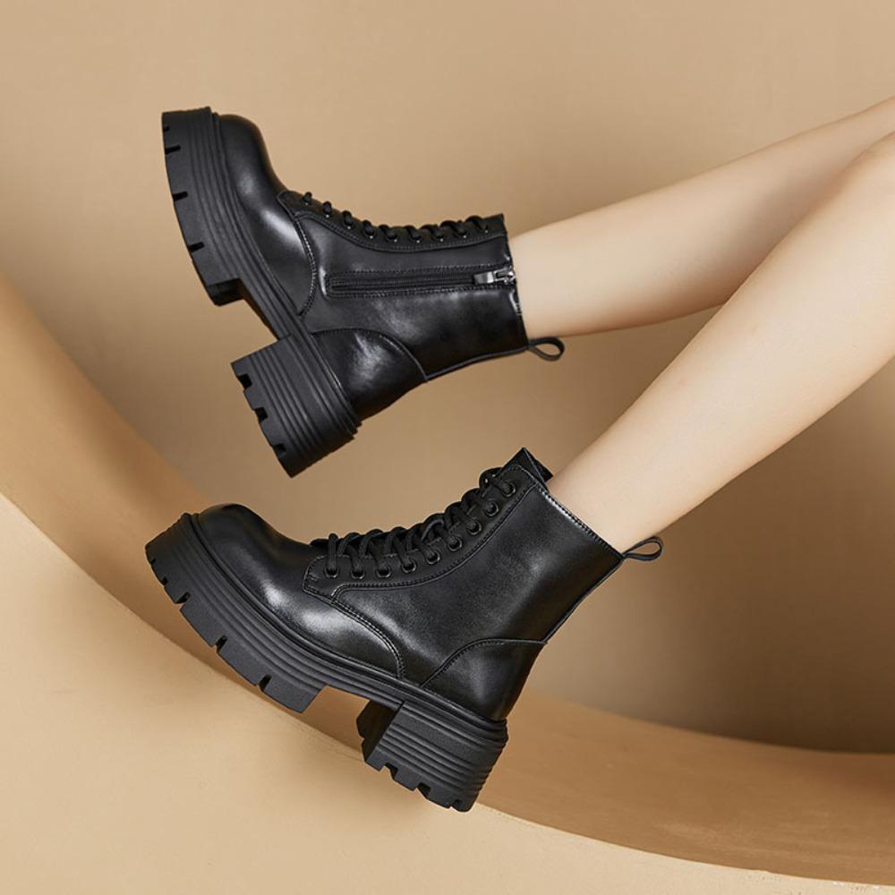 Women's Platform Boots 2025 Leather Platform Heightening Boots Women's Versatile Retro British Style Short Boots Platform Shoes