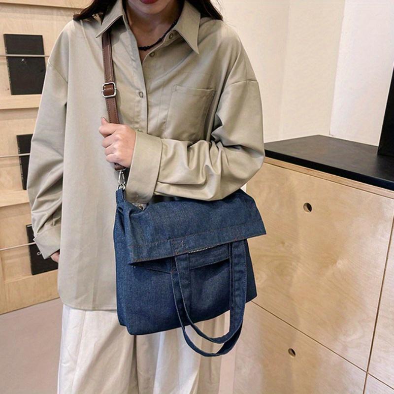 Letter Embroidered Denim Tote Bag Casual Crossbody Bag for Women Shoulder Bag for School Work Commuting and Daily Use
