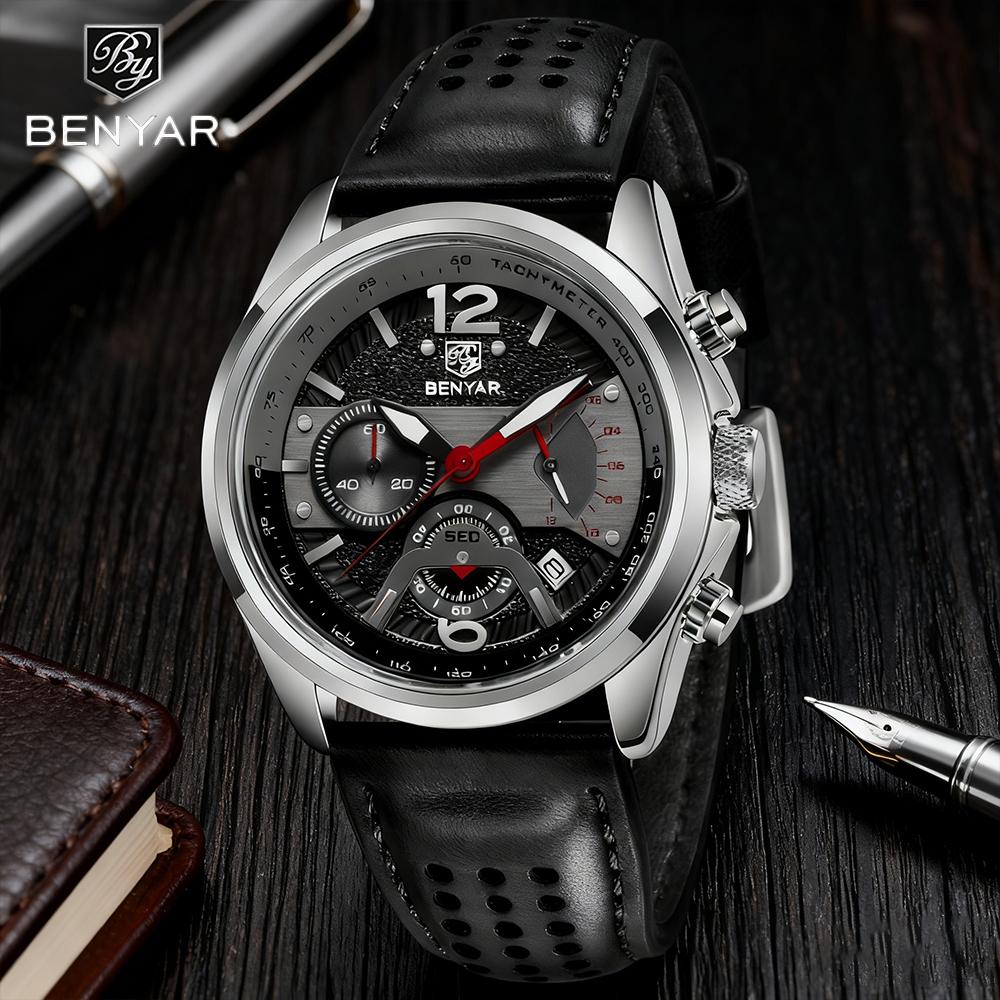 BENYAR 5171 New Fashion Men's Top Leather Quartz Watch Stainless Steel 30M Waterproof Luminous Reloj Hombre Watches for Man
