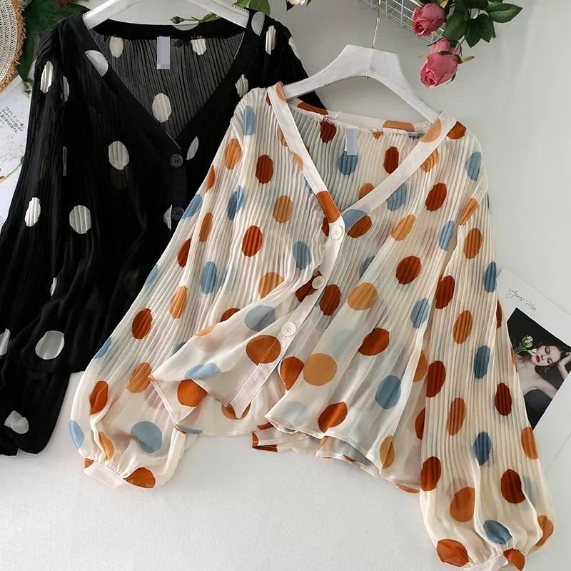 Lantern Sleeve Polka Dot V -Neck Chiffon Sunscreen Shirt Women 'S Shirt Summer Loose Chiffon Tops