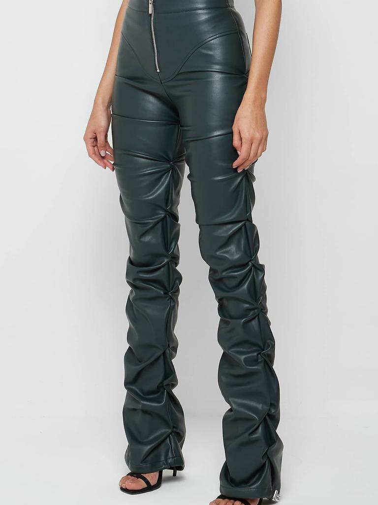 Damen Mode Schlank Geschnittene PU-Leder Lange Hosen, Persönlichkeit Faltbare Micro-Saum Hosen für Damen, Neue Saison