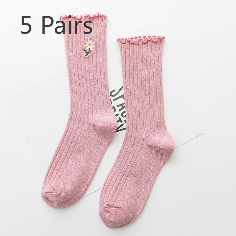 5 Pairs of Female Spring and Summer New Solid Color Wooden Ear Embroidery Roll Edge In The Tube Pile Socks
