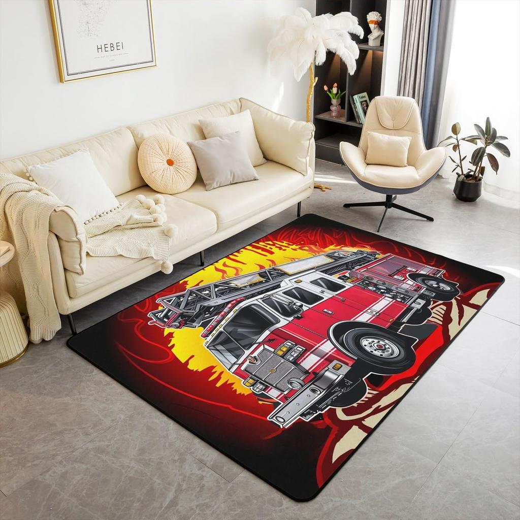 Firefighting Truck Area Rug, Fire Truck Carpet for Teen Boys, Cartoon Emergency Rescue Vehicle Floor Mat for Living Room Bedside