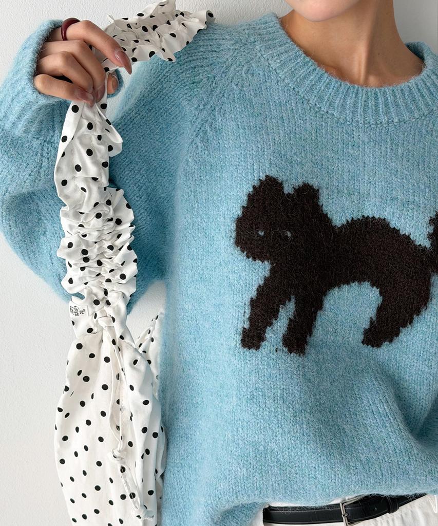 THE GREEN LAB Katze Jacquard Pullover [Blau]