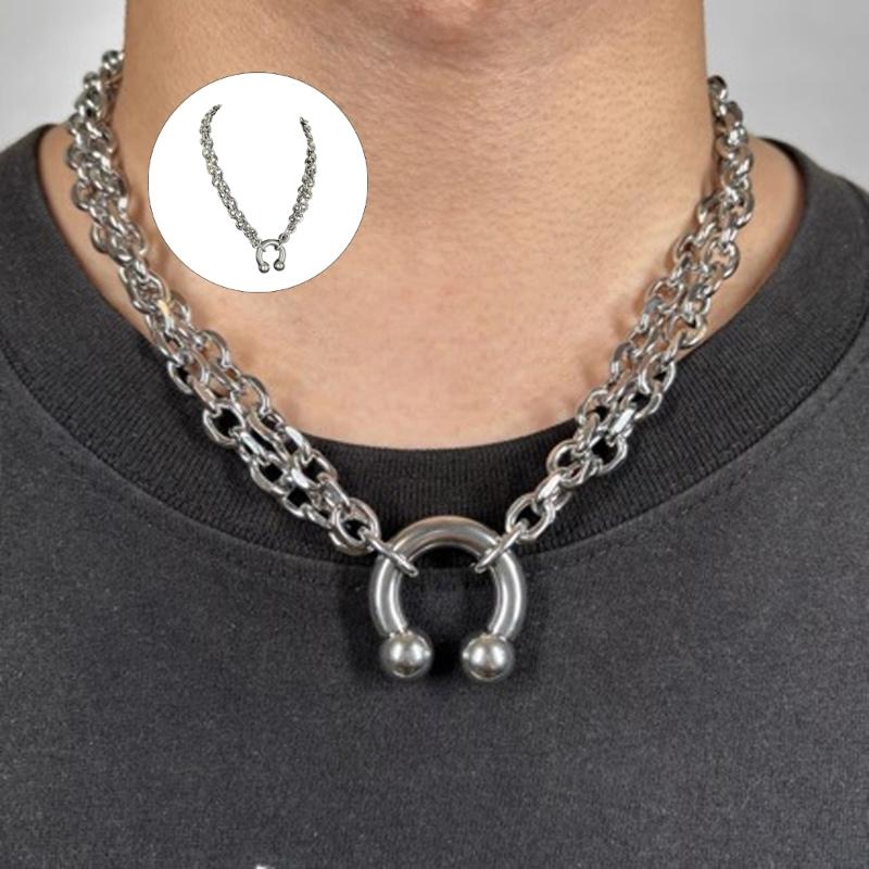 Unique Spiked Horseshoe Pendant Necklace Industrial Style for Fashion Enthusiasts Stainless Steel Neckchain