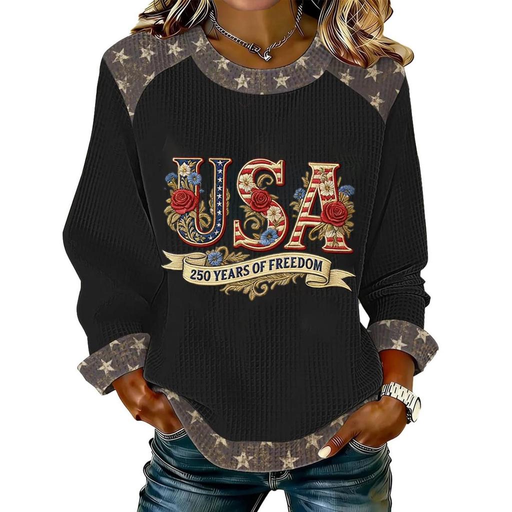 Women's long-sleeved fashionable casual everyday Independence Day printed top