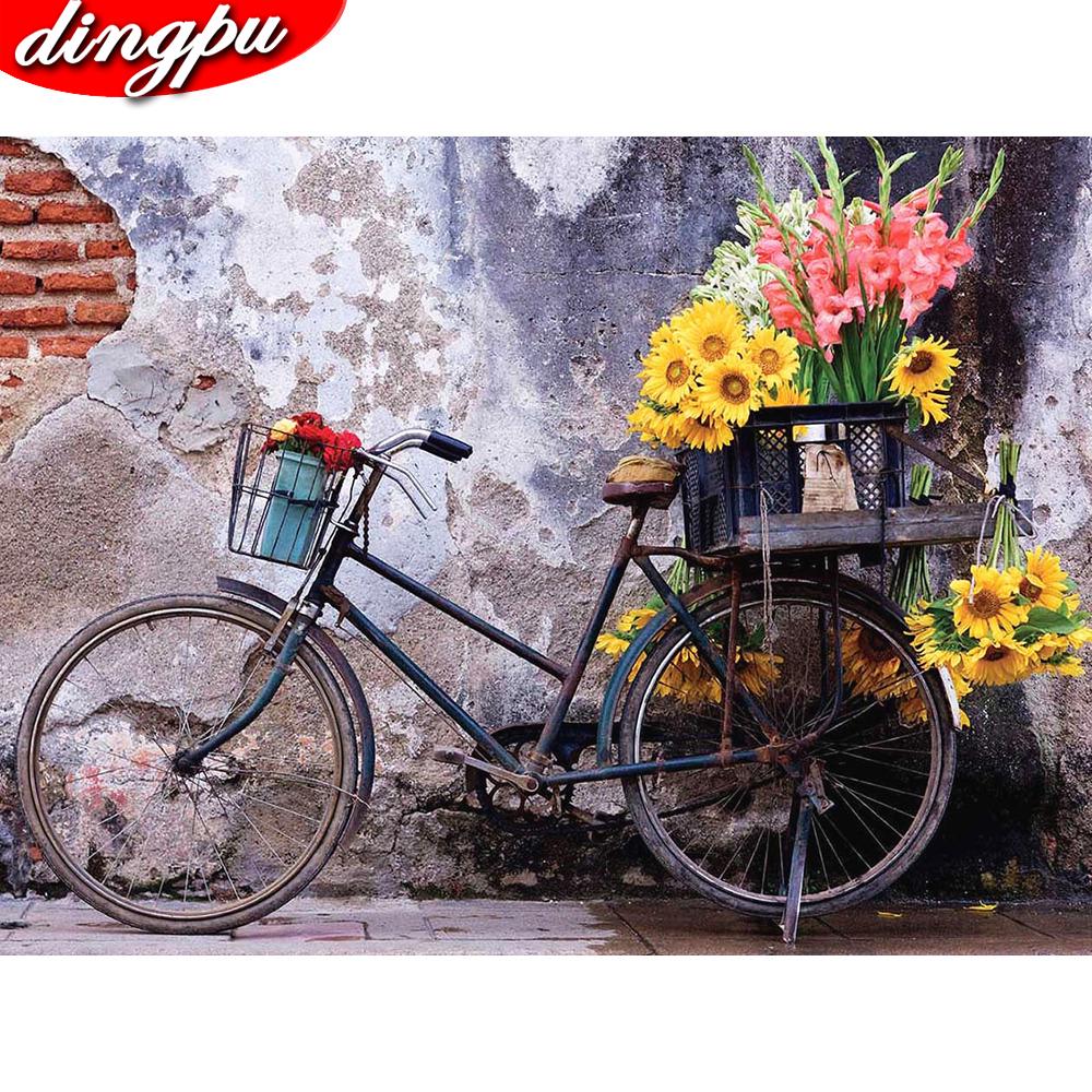 Pictura cu diamante 5d Bicicletă cu pietre pătrate, flori, decorațiuni pentru casă, broderie cu diamante