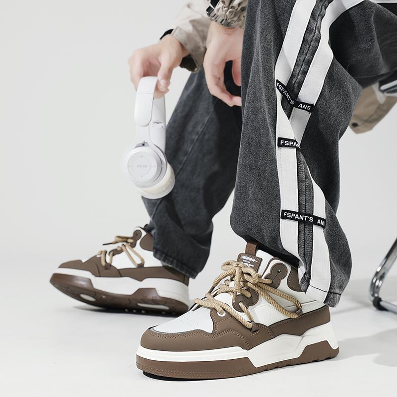 Loafers Skateboard Men's Autumn Sneakers Leather Shoe Casual Shoes Round Toe Fashion High-top Non-slip Soft and Comfortable