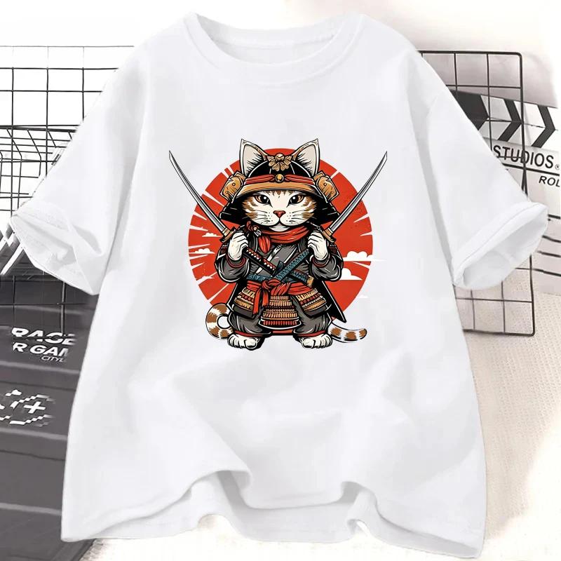 Samurai Cat Print Tshirts Summer Casual Harajuku Fashion Unisex Streetwear Y2K Short Sleeve Tops Oversize ONeck Tshirts