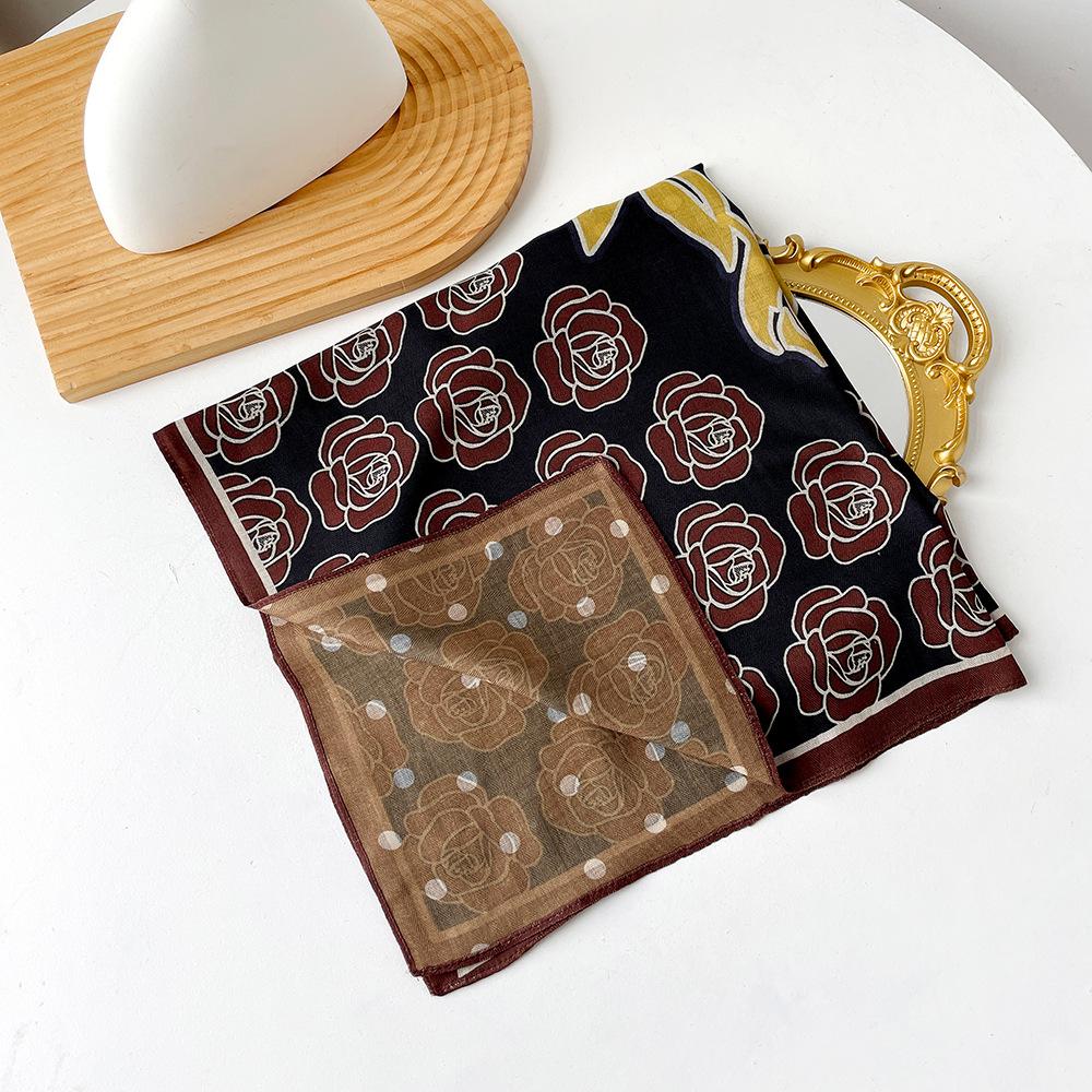 Retro Flower Silk Scarf Autumn and Winter Temperament Elegant Scarf Herringbone Silk Scarf Double-sided Literary Square Scarf Cotton and Linen Square