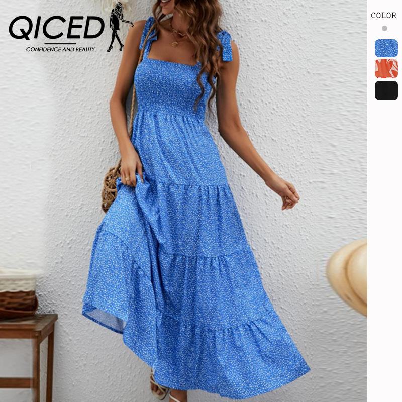 

QICED женские модные летние весенние повседневные платья без рукавов с квадратным воротником и высокой талией с цветочным принтом