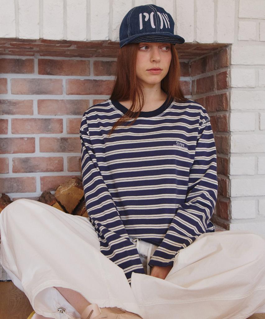 Seuteulaipeumagalin Buff Stripe Overlock Loose Long Sleeve Tee Navy