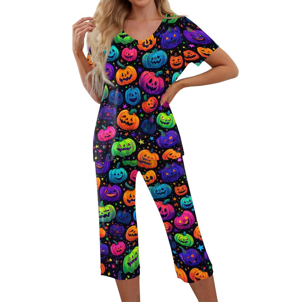 Women's Two Piece Halloween Print Lounge Set Short Sleeve V Neck Top and Capri Pants Casual Pajama Set for Relaxed Fit