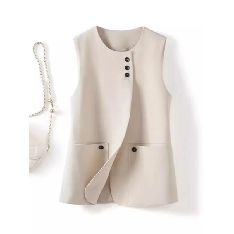 

Женский стильный блейзер-жилет на весну/осень, однотонный, с круглым вырезом, без рукавов XS бежевый