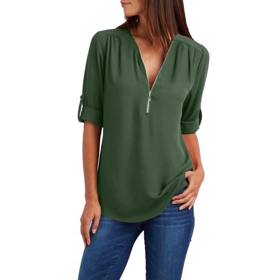 Plus Size Women Solid Color Loose Zipper V Neck Long Sleeve Chiffon Blouse Shirt