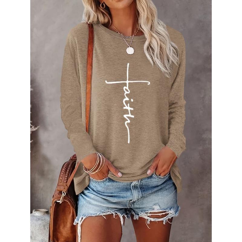 Gradient Faith Letter Print Women's T-shirt Long Sleeve Top Female Graphic Blouse Women's Clothing Shirts Autumn Outdoor Casual