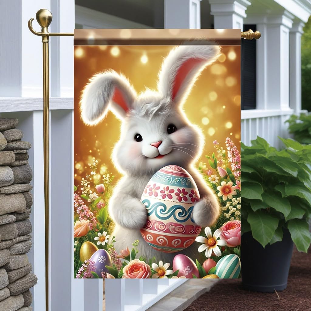 Easter Bunny Garden Ag 12x18 Inch Double Sided Spring Theme Outdoor Yard Banner with Colorful Easter Egg and Oral Design UUN