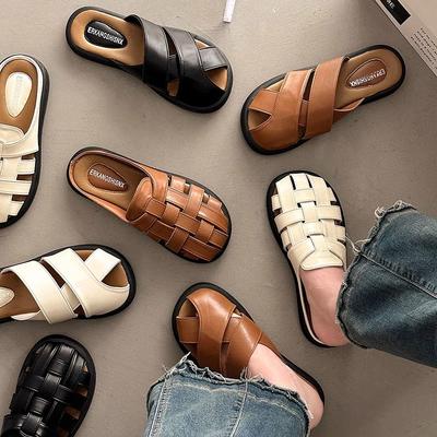 Office Slippers Women's Summer Wear 2024 New Baotou Roman Half Mop Versatile Casual Muller Sandals One Pedal