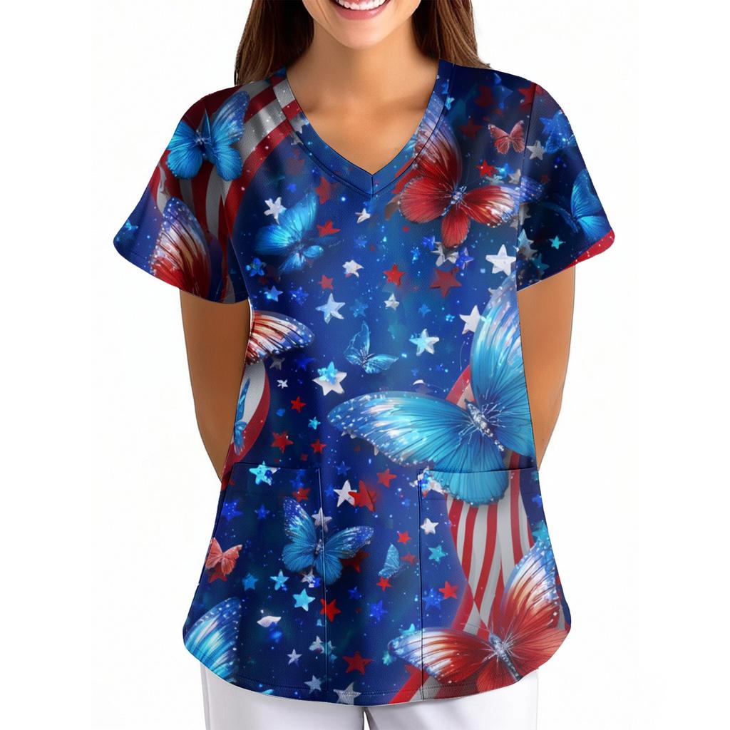 Women's Independence Day Printed Loose V-Neck Pocket Short-Sleeve Caregiver/Uniform