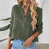 Women's Half Button Henley Shirts Pleated Notched V Neck Long Sleeve Blouses Curved Hem Loose Fit Solid Textured Tops