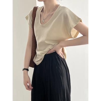Simplicity U-Ausschnitt Kurzarm T-Shirt Damen Sommer Dünn Breite Bündchen Tops