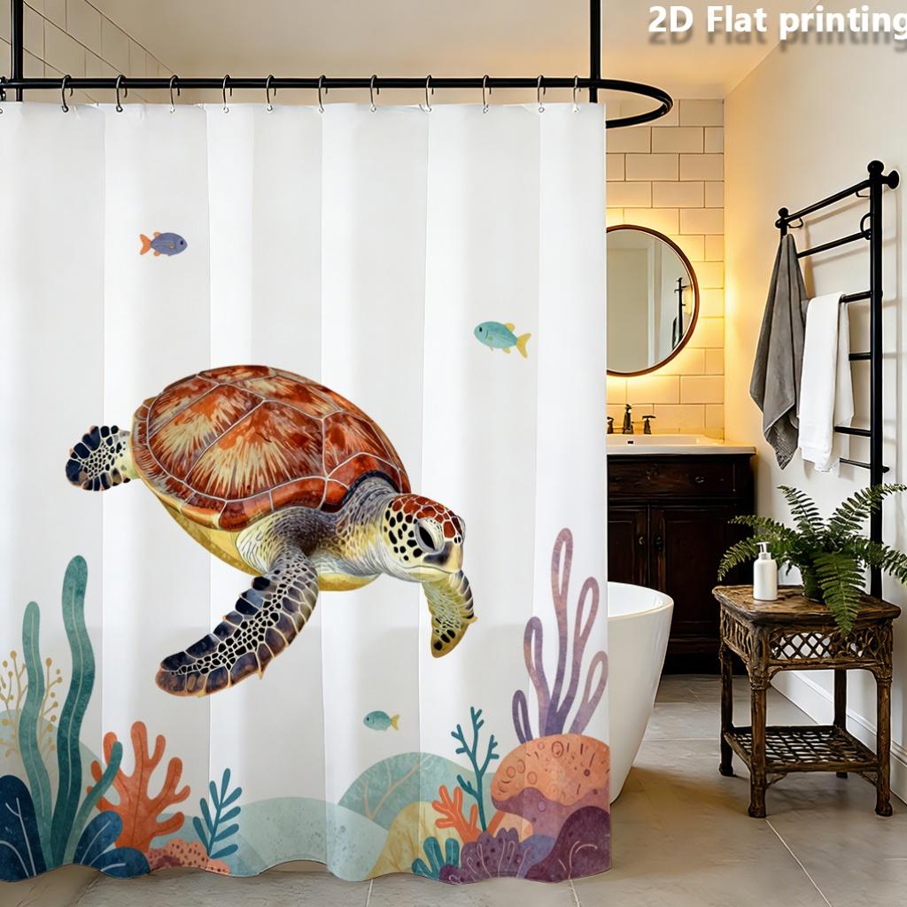 Sea Turtle Tropical Reef Shower Curtain – Colorful Fish & Coral, 2D Flat Print, Polyester, 70.8"X70.8"Inches
