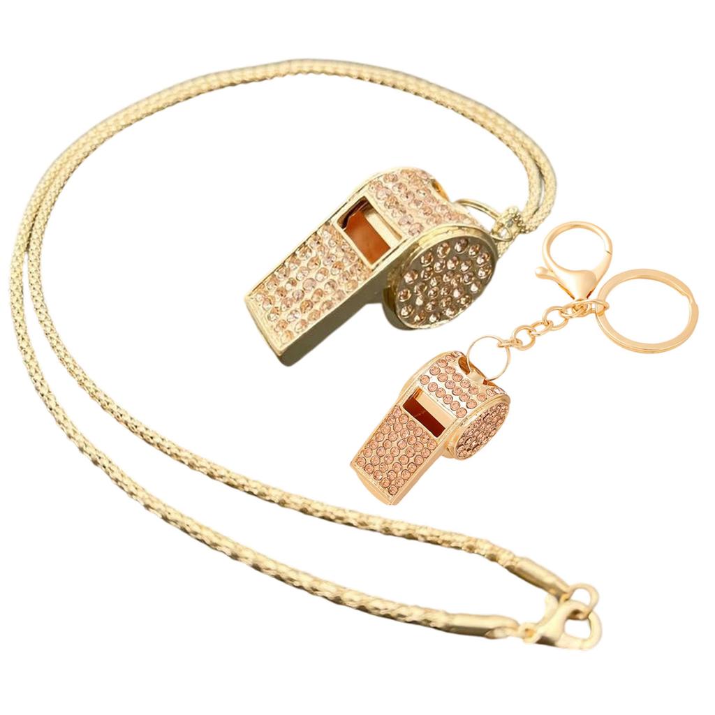 2-Piece Rhinestoned Whistle Keychain and Necklace Set with Zinc Alloy Construction 6 Stylish Color Option for Daily Use