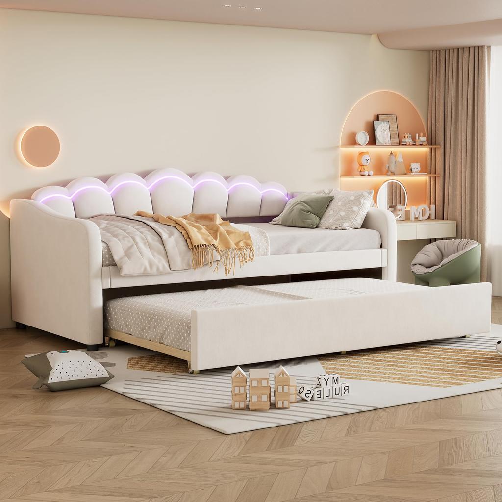 Sofa Bed Upholstered Bed 90x200 Cm Extendable Sofa Bed Rollers LED Light Velvet Minimalist Guest Bed Teenagers Children Without Mattress Beige