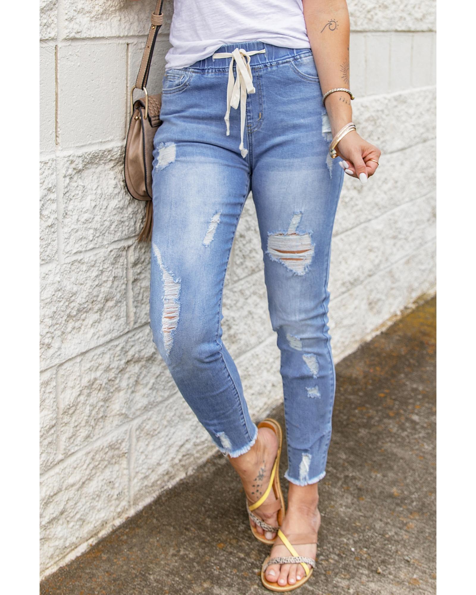 

Azura Exchange Distressed Denim Drawstring Jeans S небо синє кольору