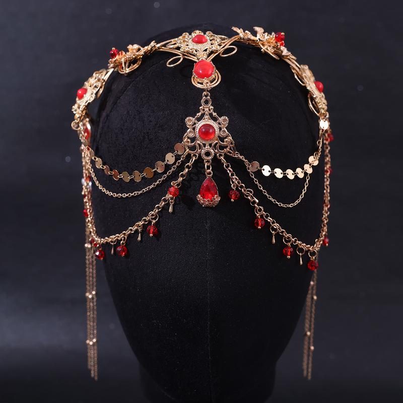 

Красный фиолетовый капля кристалл длинная цепочка античный экзотический этнический свадебный головной убор невесты аксессуары для волос для женщин украшения для волос ручной работы