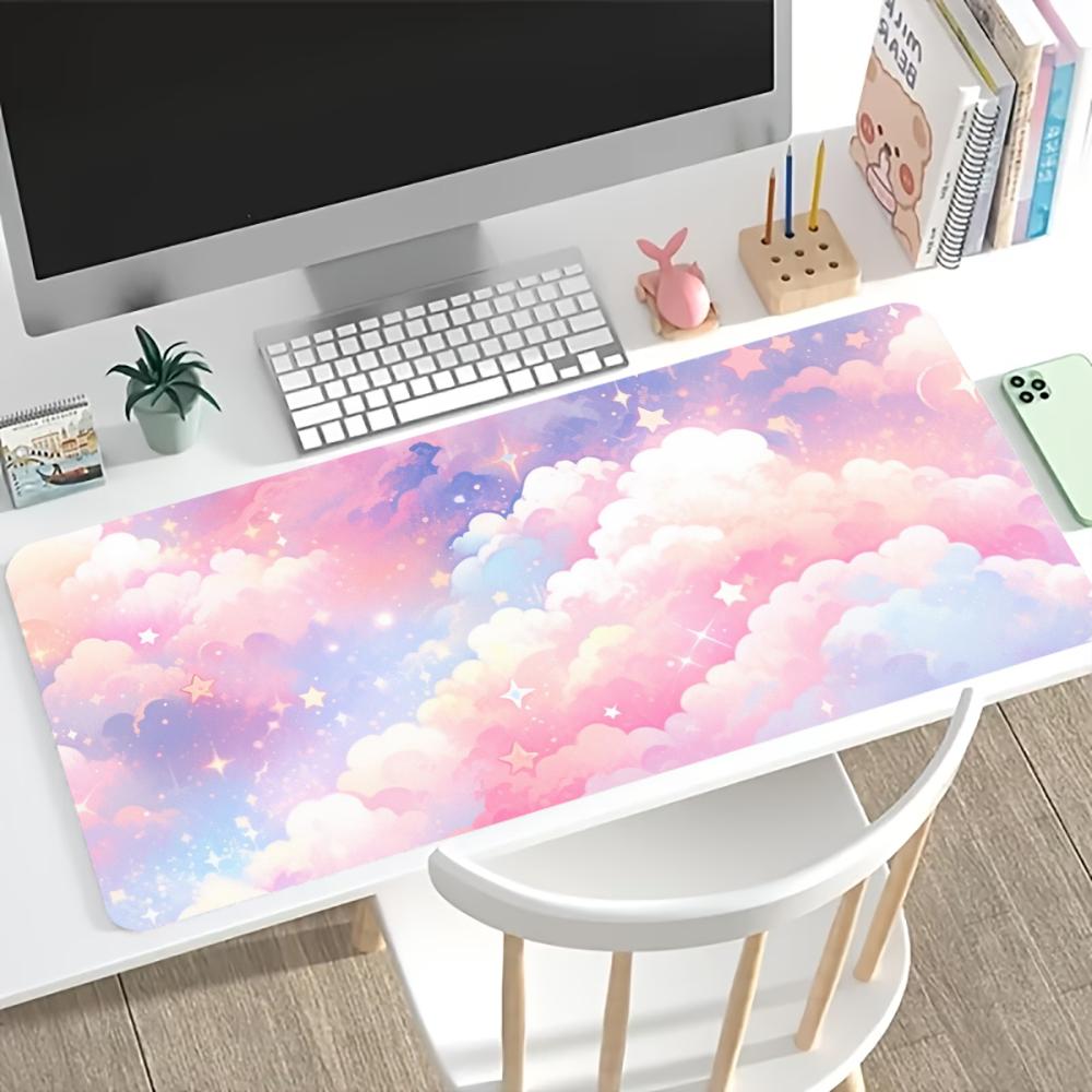 Pastel Cloud Kitty Gaming Mouse Pad Non Slip Rubber Stitched Edge Keyboard Table Mat For Laptop Office Desktop Decor