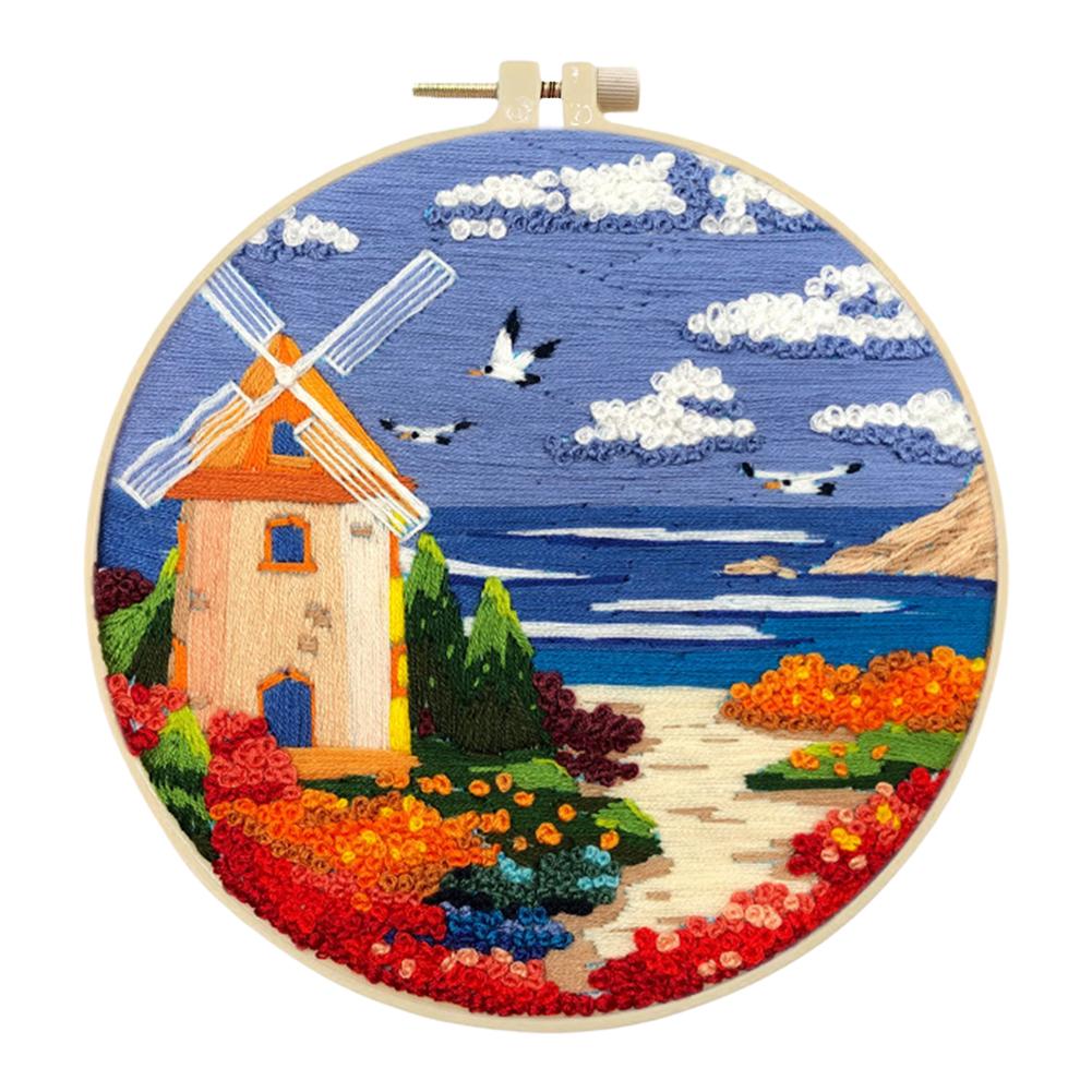Landscape Stamped Cross Stitch Embroidery Kits with Hoop Cloth Color Thread