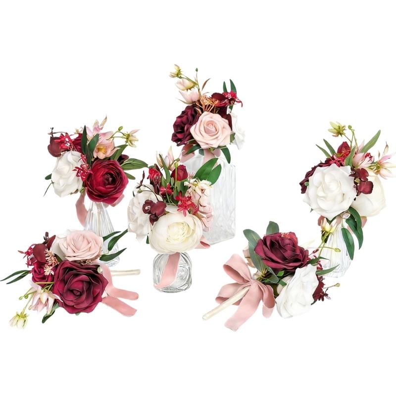 6Pcs Wedding Bouquets with Ribbon for Bride and Bridesmaid Realistic Artificial Rose Flower Bouquets Photography Tool