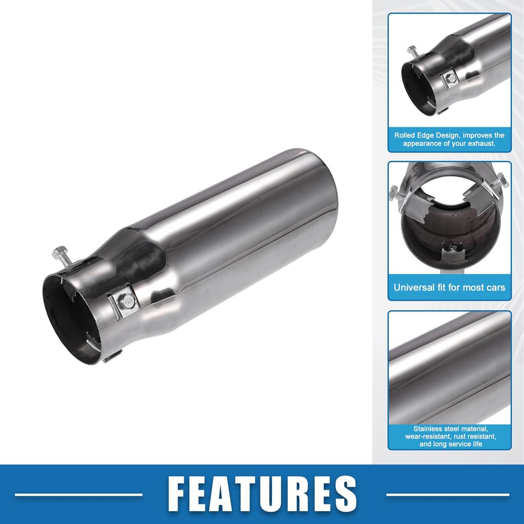 ABSOPRO Adjustable Exhaust Tailpipe for Car 67mm 220mm Muffler Stainless Silver Tone Trucks, 27-55mm Inlet, Outlet, Length, Bolt-On Tip, Steel,