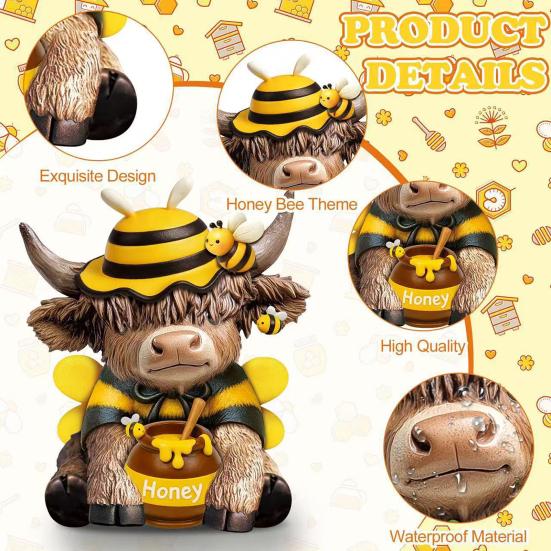 2Pcs Wooden Bee Highland Cow Figurine Hand Painted Resin Decoration for Home Table Windowsill Spring Pastoral Style Party Ornament Gift