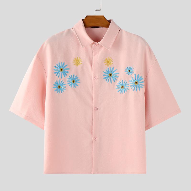 

INCERUN Men Summer Lapel Neck Short Sleeve Embroidery Casual Hawaiian Short Shirts 5XL розовый
