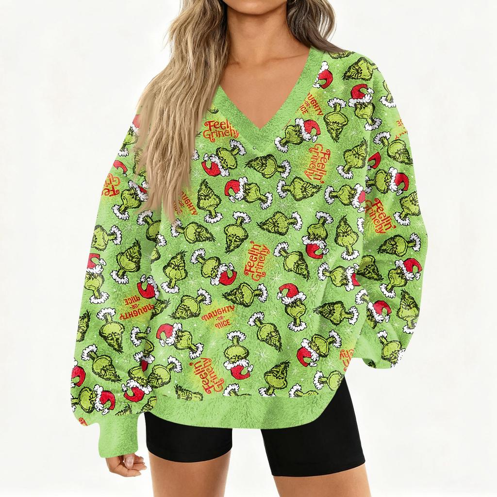 Women's Fashionable V-neck Christmas Printed Long Sleeved Casual Pullover Plush Warm Pocket Sweatshirt Top