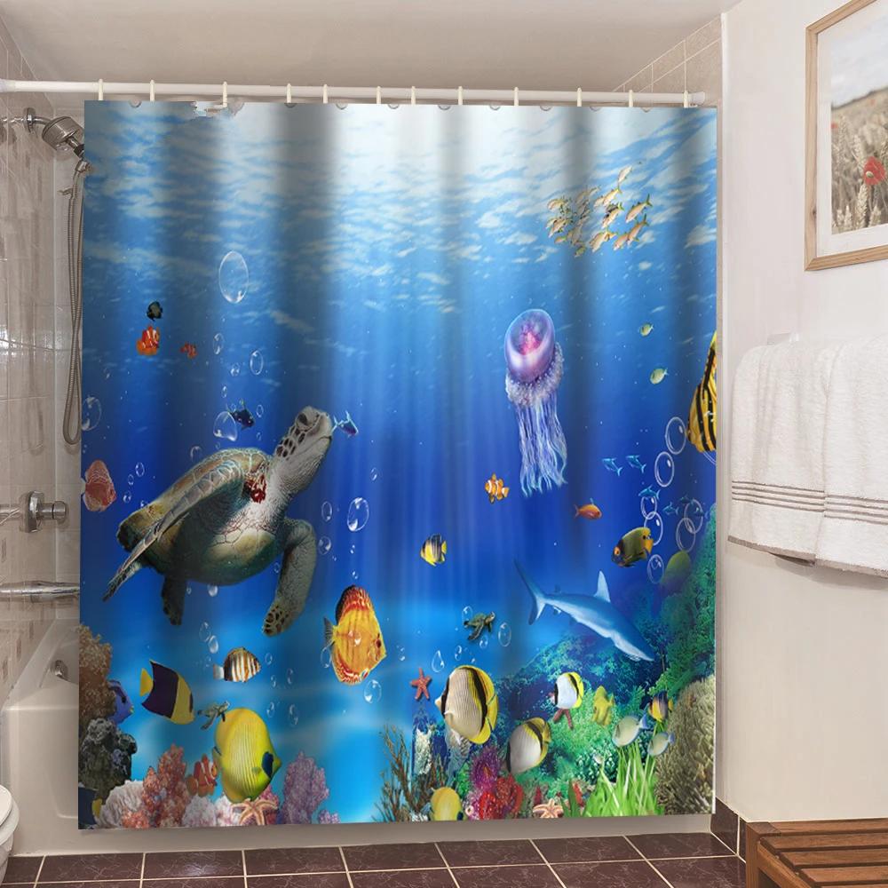 Seaside Sea Beach Sea Wave Coconut Tree Shower Curtains Bathroom Curtain Fabric Waterproof Polyester Bath Curtain With Hooks
